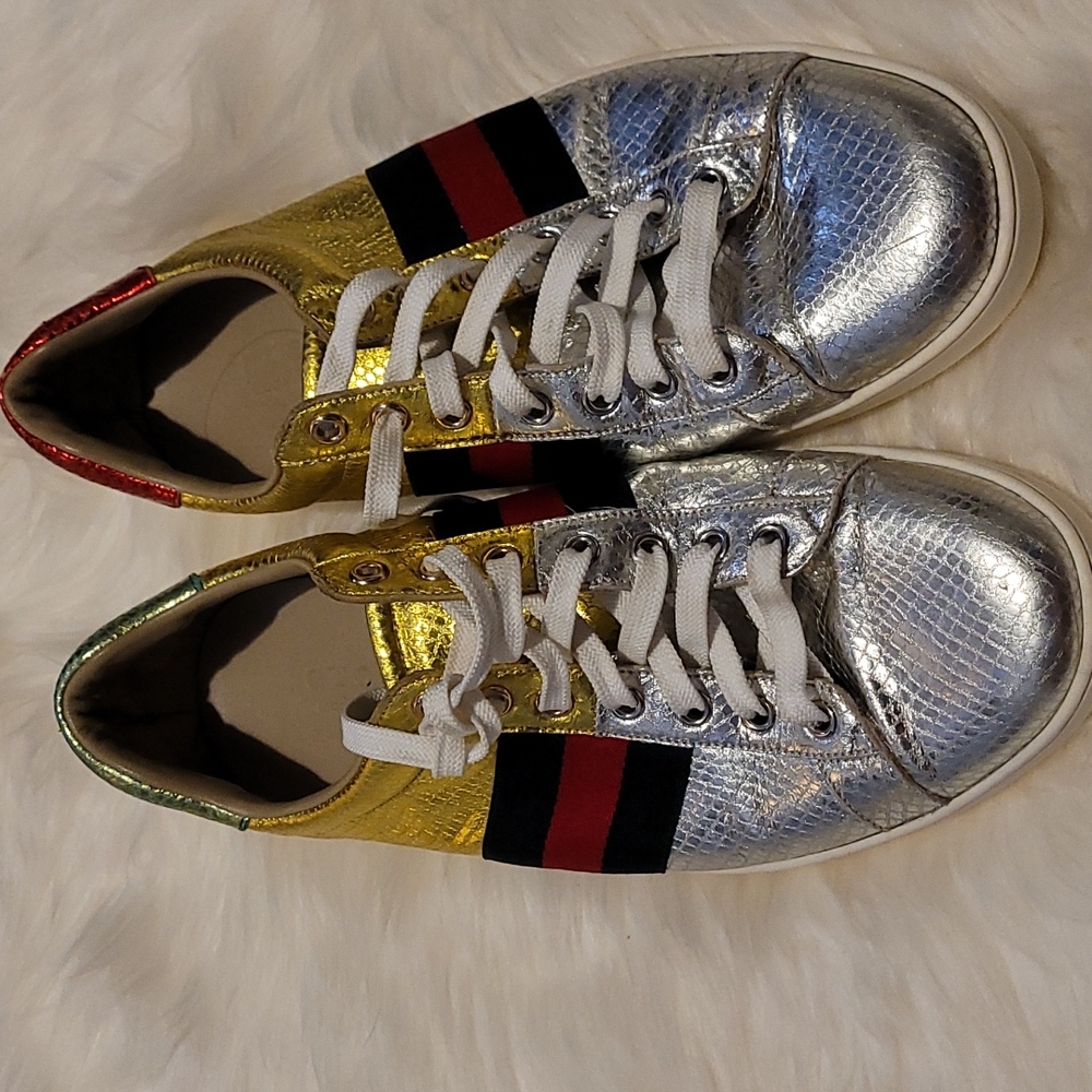 Gucci Silver and Gold Sneakers with Red and Black Stripes
